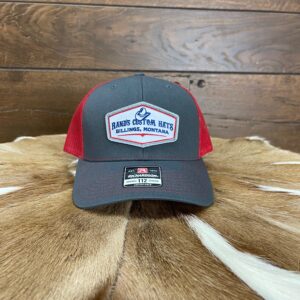 Rand’s Custom Patch Hat baseball caps In Red and Charcoal. Mid profile snapback mesh trucker hat – Richardsons 112 style